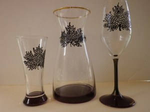 Ensemble en verre peint à la main "bacchus", une carafe, 6 verres à eau, 6 verres à vin